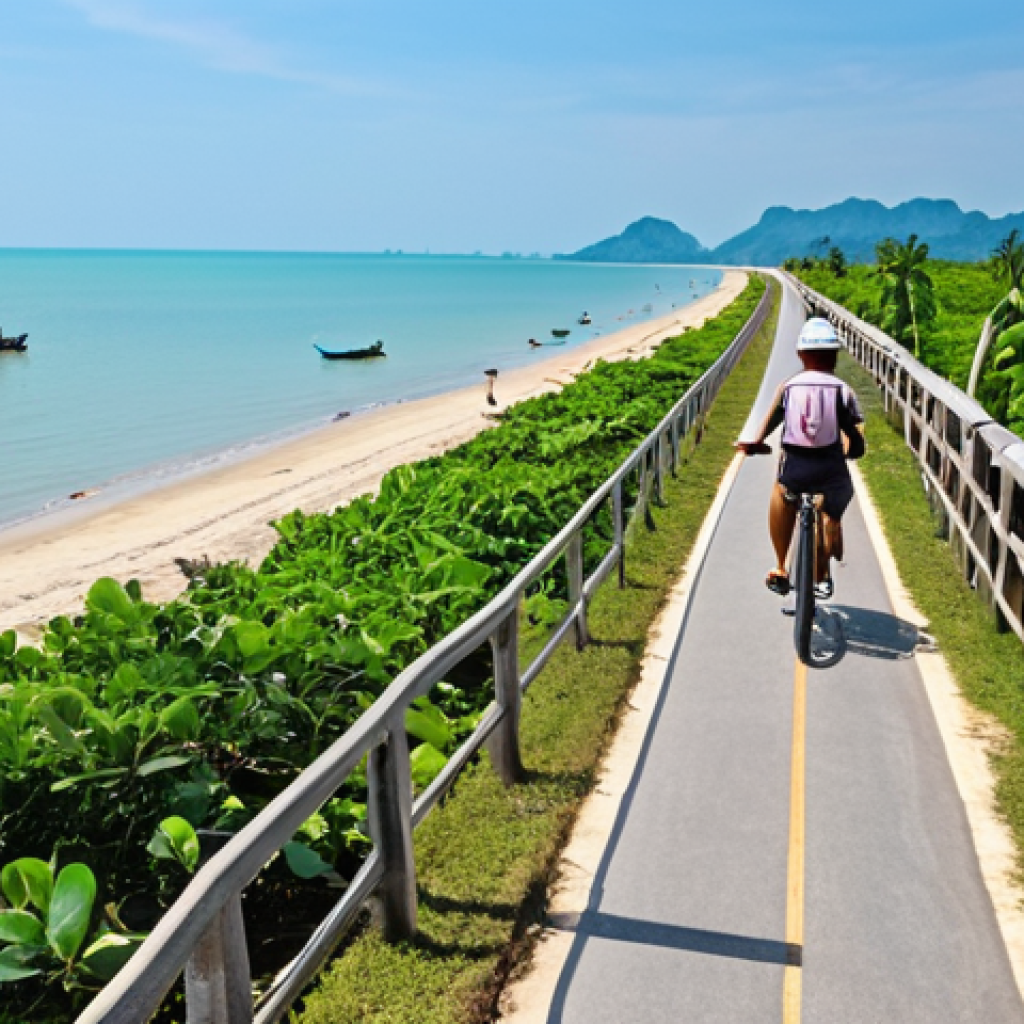 A scenic bike path along Cha Am beach in Phetchaburi, Thailand, with cyclists enjoying the coastal view, fishing boats in the distance, and clear blue skies.