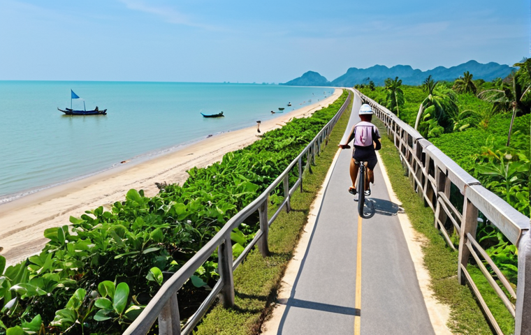 A scenic bike path along Cha Am beach in Phetchaburi, Thailand, with cyclists enjoying the coastal view, fishing boats in the distance, and clear blue skies.