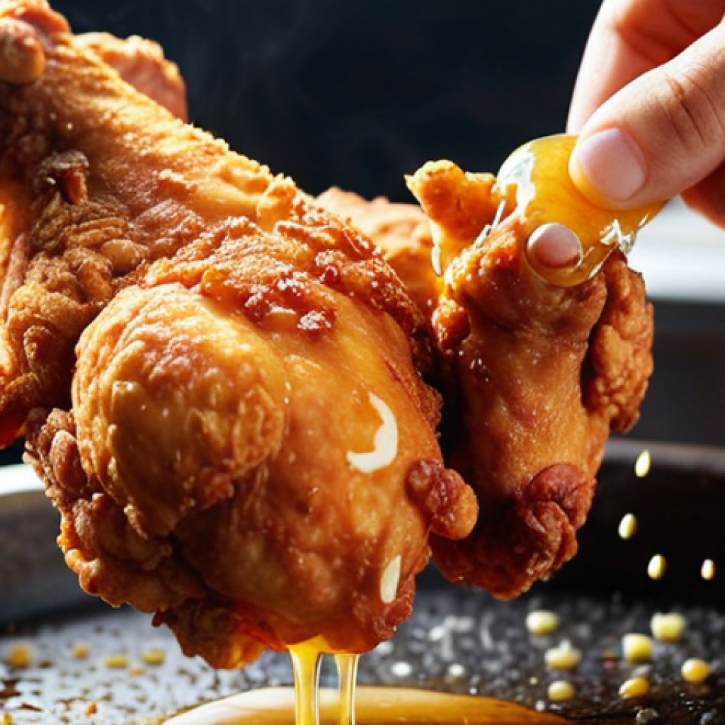 ** Close-up shot of crispy, golden-brown fried chicken pieces being lifted from hot oil. Focus on the texture and color of the chicken, with visible steam rising.

**