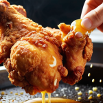 ** Close-up shot of crispy, golden-brown fried chicken pieces being lifted from hot oil. Focus on the texture and color of the chicken, with visible steam rising.

**