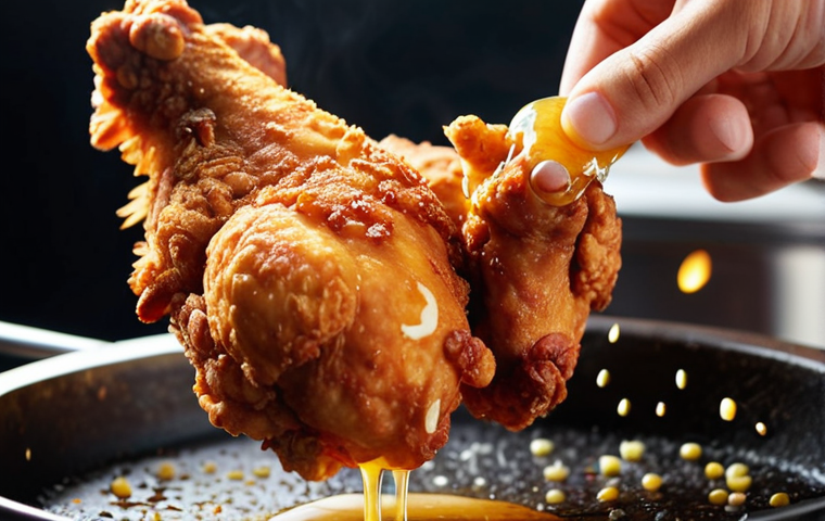 ** Close-up shot of crispy, golden-brown fried chicken pieces being lifted from hot oil. Focus on the texture and color of the chicken, with visible steam rising.

**