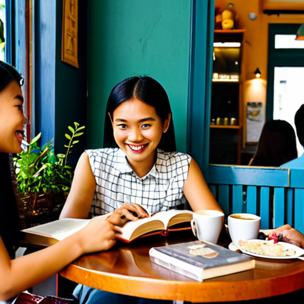 Book Club Gathering**

"A diverse group of fully clothed Thai friends sitting around a table in a cozy cafe, engaged in lively discussion about a book. Books are scattered on the table along with coffee cups and Thai desserts. Everyone is wearing modest, everyday clothing. Safe for work, appropriate content, family-friendly, perfect anatomy, natural pose, professional photography, high quality, natural lighting."

**