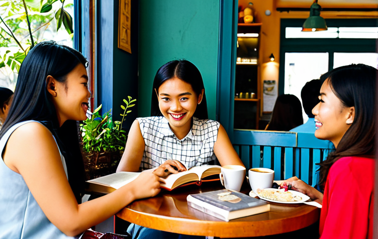 Book Club Gathering**

"A diverse group of fully clothed Thai friends sitting around a table in a cozy cafe, engaged in lively discussion about a book. Books are scattered on the table along with coffee cups and Thai desserts. Everyone is wearing modest, everyday clothing. Safe for work, appropriate content, family-friendly, perfect anatomy, natural pose, professional photography, high quality, natural lighting."

**
