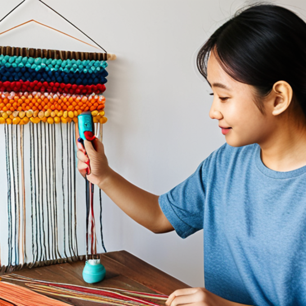 글루건 사용법 - **DIY Home Decor:** A young Thai woman in a modest, casual outfit (jeans and a t-shirt), happily cra...