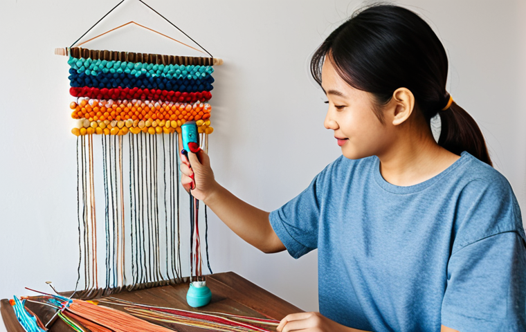 글루건 사용법 - **DIY Home Decor:** A young Thai woman in a modest, casual outfit (jeans and a t-shirt), happily cra...
