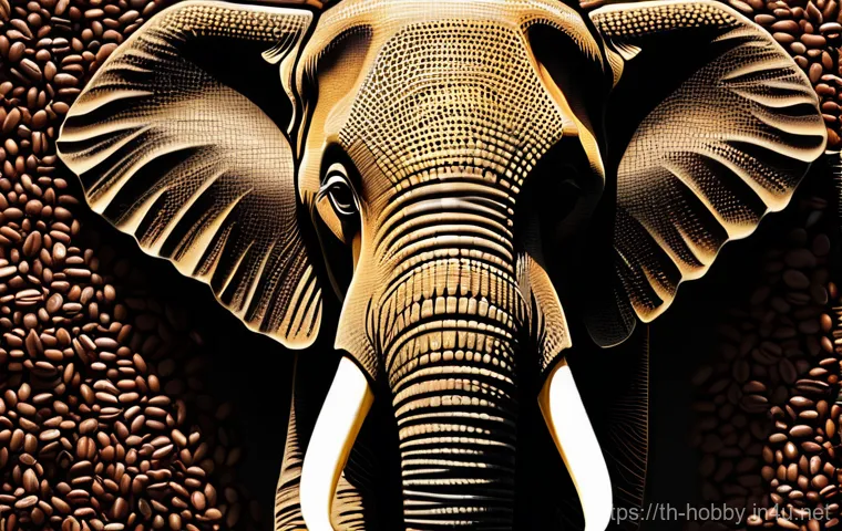 커피 콩 아트 - **A highly detailed, intricate mosaic art piece depicting a majestic Asian elephant's head and upper...