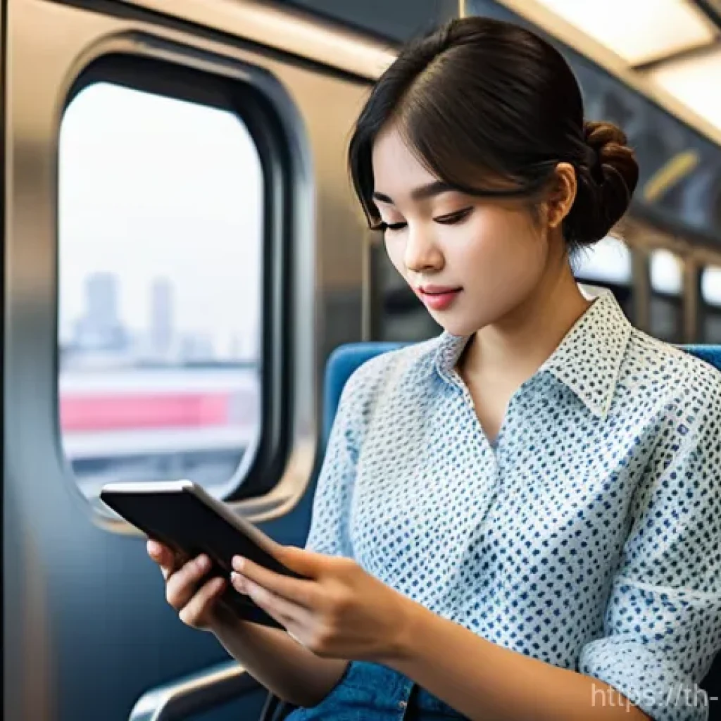 e북 플랫폼 - **Prompt 1: Urban Commuter Enjoying E-books**
    A young Thai woman, in her early 20s, with short d...