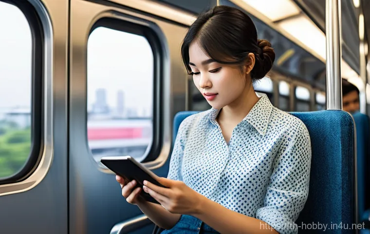 e북 플랫폼 - **Prompt 1: Urban Commuter Enjoying E-books**
    A young Thai woman, in her early 20s, with short d...