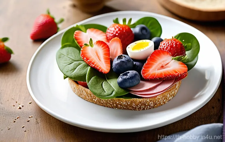 오픈 샌드위치 - **Prompt 2: Hearty Tuna, Avocado, and Scrambled Egg Open Sandwich**
    "An appetizing, slightly ele...