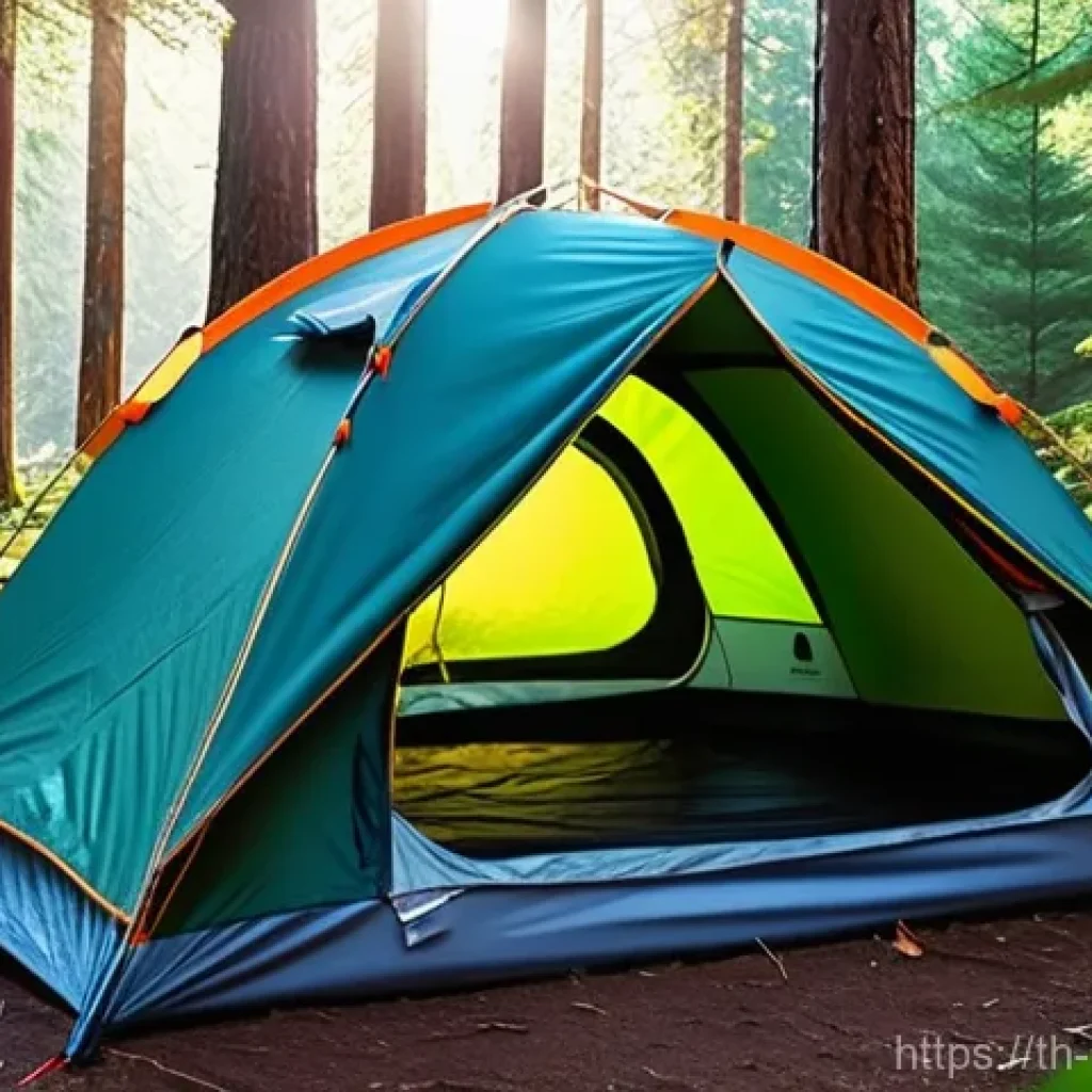 캠핑 스타일 추천 - **Traditional Tent Camping:** A serene morning scene at a classic tent campsite in a tranquil forest...