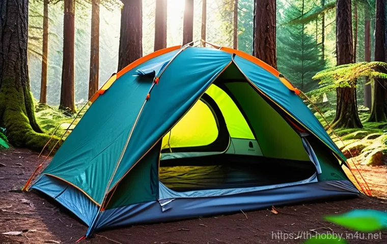 캠핑 스타일 추천 - **Traditional Tent Camping:** A serene morning scene at a classic tent campsite in a tranquil forest...