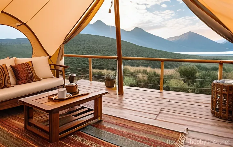 캠핑 스타일 추천 - **Traditional Tent Camping:** A serene morning scene at a classic tent campsite in a tranquil forest...