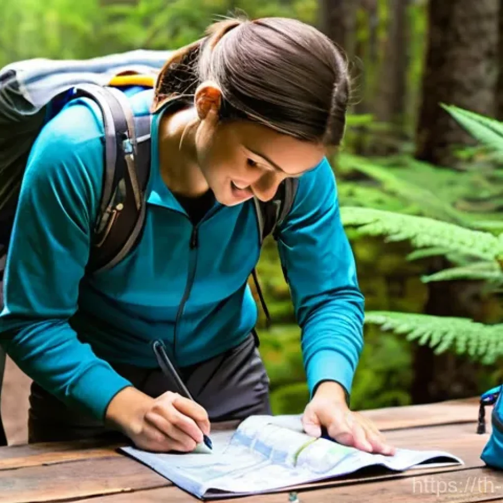 트레킹 코스 추천 - **Prompt:** A cheerful, young adult female hiker meticulously organizing her high-quality, lightweig...