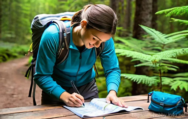 트레킹 코스 추천 - **Prompt:** A cheerful, young adult female hiker meticulously organizing her high-quality, lightweig...