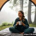 캠핑 용품 쇼핑 리스트 - A serene and comfortable glamping interior scene on a misty morning. Inside a spacious, modern autom...