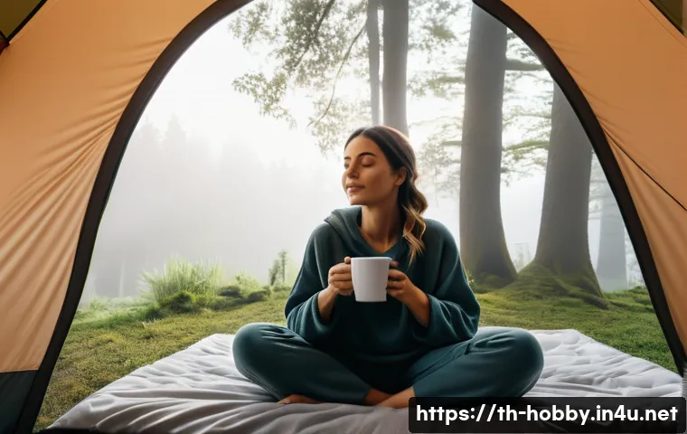 캠핑 용품 쇼핑 리스트 - A serene and comfortable glamping interior scene on a misty morning. Inside a spacious, modern autom...