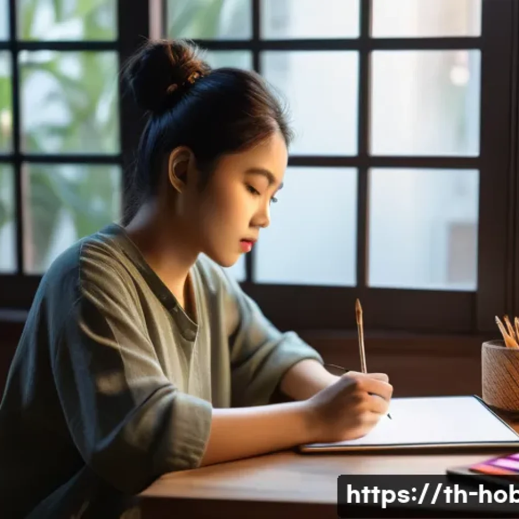미술 강좌 추천 - A cozy Thai home study corner with a young adult artist practicing digital art on an iPad Pro, weari...