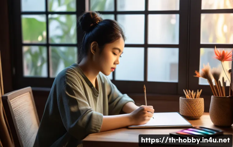 미술 강좌 추천 - A cozy Thai home study corner with a young adult artist practicing digital art on an iPad Pro, weari...