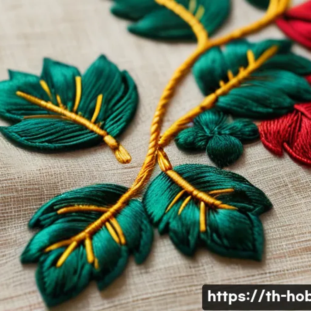 수놓기 기술 - A close-up image of traditional Thai embroidery on natural linen fabric, featuring intricate floral ...