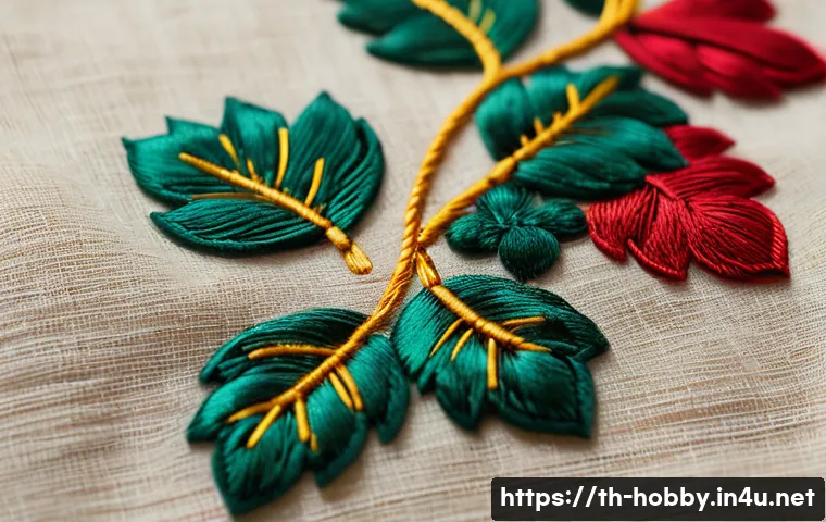 수놓기 기술 - A close-up image of traditional Thai embroidery on natural linen fabric, featuring intricate floral ...