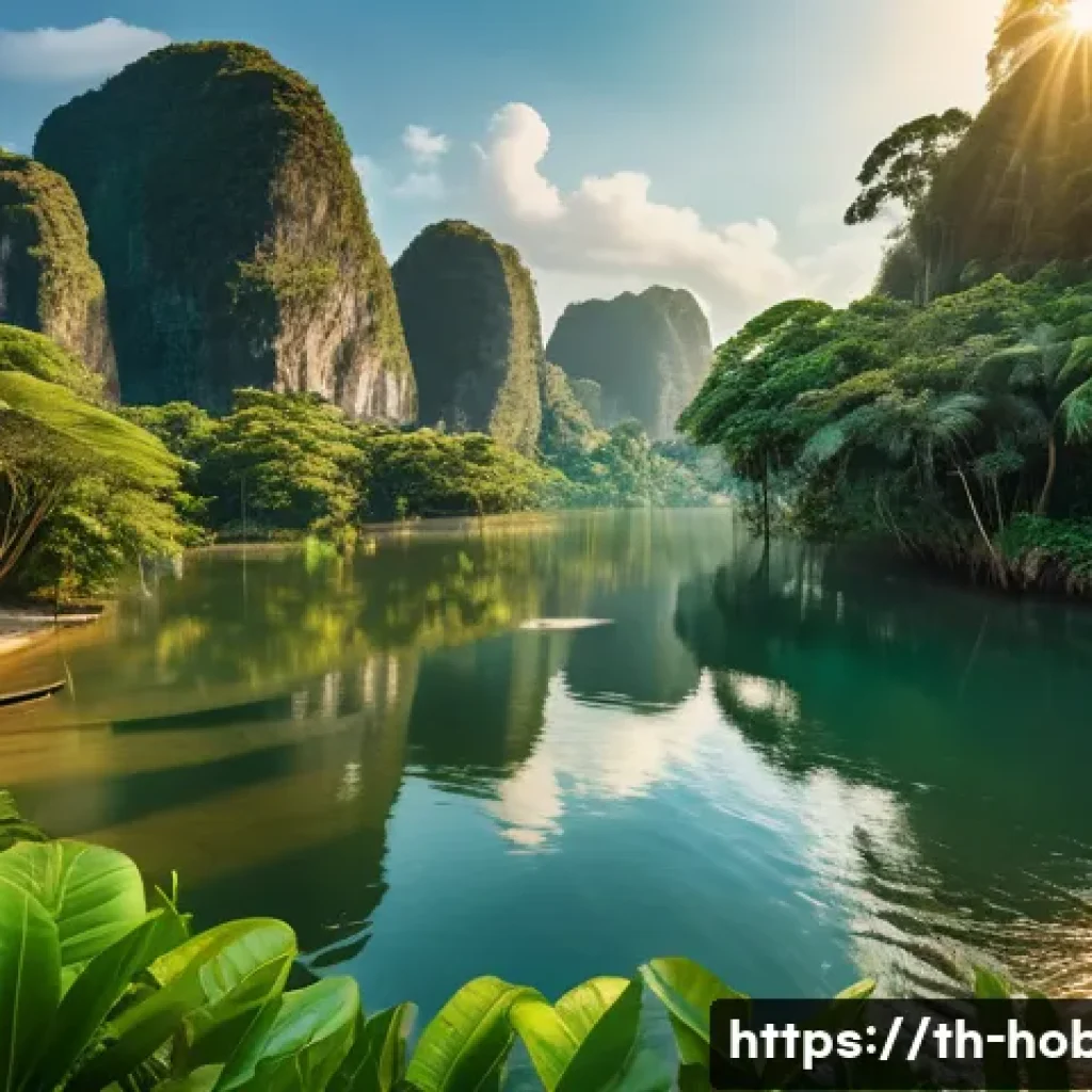 사진 공모전 참가 - A serene natural landscape during the golden hour, featuring a wide-angle view of a lush tropical fo...