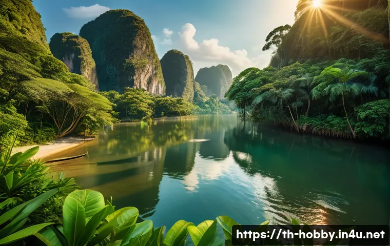 사진 공모전 참가 - A serene natural landscape during the golden hour, featuring a wide-angle view of a lush tropical fo...