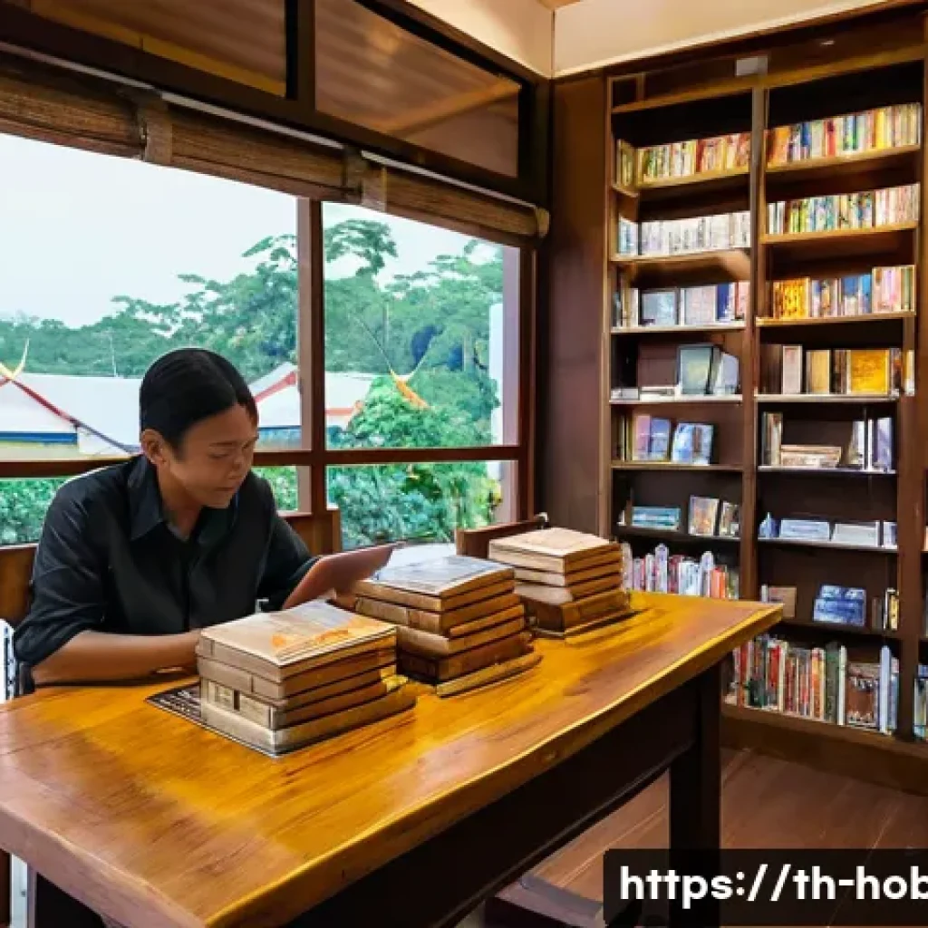독서 책 추천 - A cozy Thai bookstore interior filled with neatly arranged shelves of popular self-help books, novel...