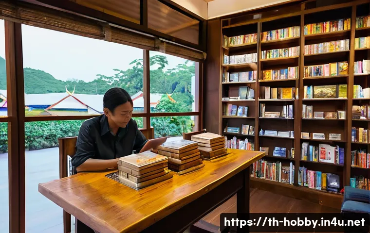 독서 책 추천 - A cozy Thai bookstore interior filled with neatly arranged shelves of popular self-help books, novel...