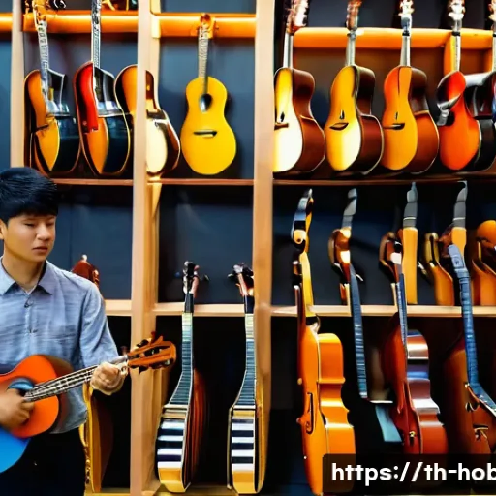 악기 구매 가이드 - A cozy music shop interior in Bangkok featuring a variety of string instruments like acoustic guitar...