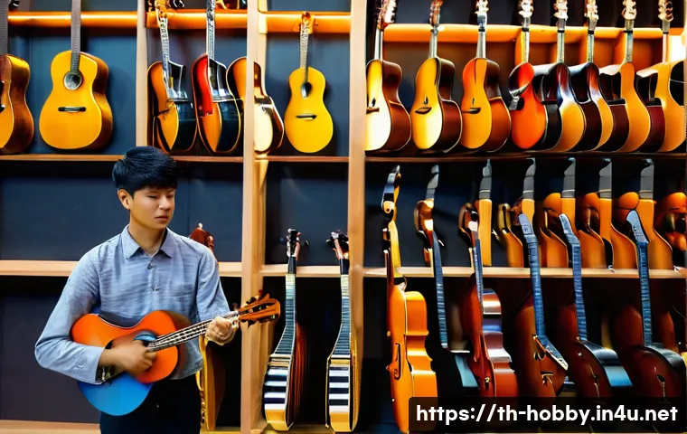 악기 구매 가이드 - A cozy music shop interior in Bangkok featuring a variety of string instruments like acoustic guitar...