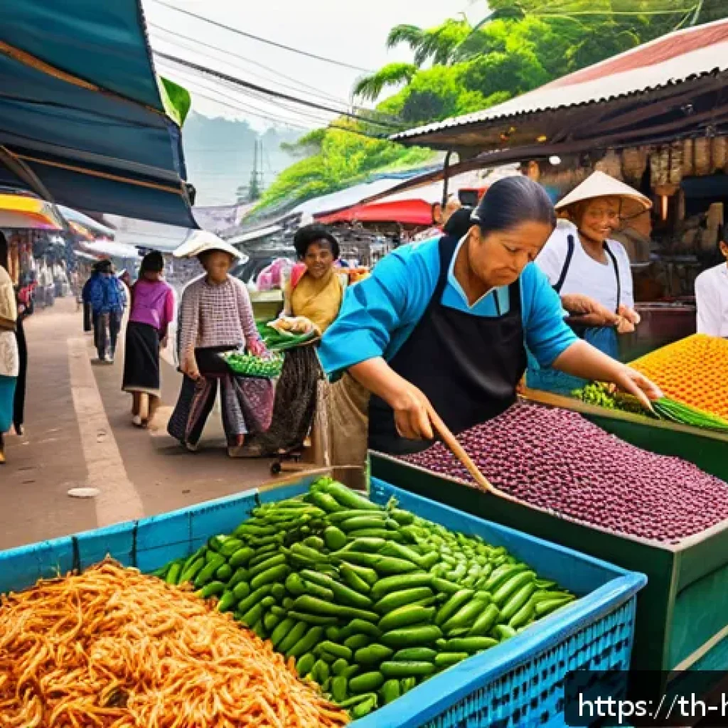 국내 여행 코스 - A bustling traditional morning market in a Thai provincial town, vibrant stalls overflowing with fre...