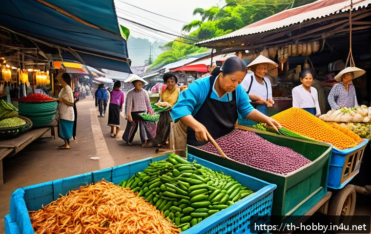 국내 여행 코스 - A bustling traditional morning market in a Thai provincial town, vibrant stalls overflowing with fre...