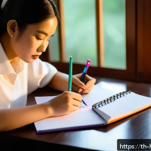 독서 기록법 - A cozy study desk scene in a modern Thai home, featuring a young adult student actively taking notes...