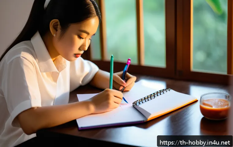 독서 기록법 - A cozy study desk scene in a modern Thai home, featuring a young adult student actively taking notes...