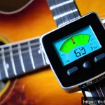 튜닝 악기 - A detailed close-up image of a musician&rsquo;s hand adjusting a digital clip-on guitar tuner attached to ...
