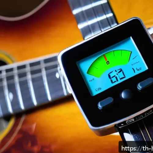 튜닝 악기 - A detailed close-up image of a musician&rsquo;s hand adjusting a digital clip-on guitar tuner attached to ...