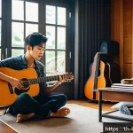 자작곡 작곡법 - A young Thai singer-songwriter sitting by a window in a cozy room filled with musical instruments li...