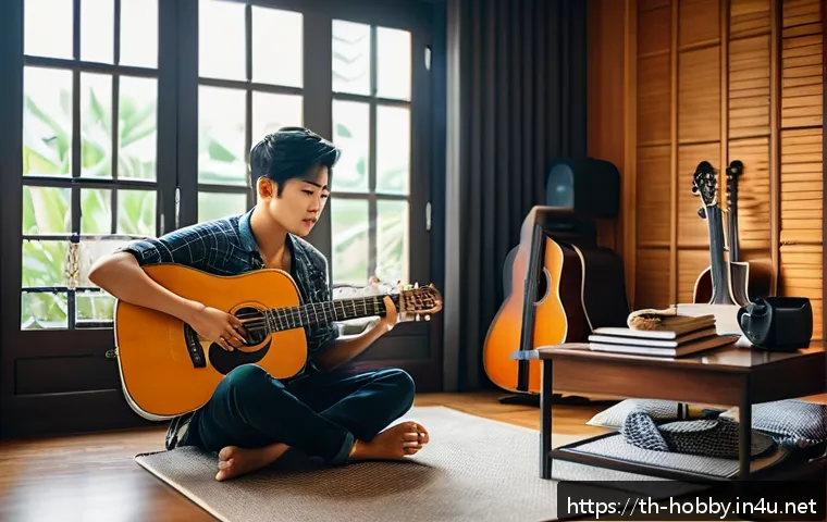 자작곡 작곡법 - A young Thai singer-songwriter sitting by a window in a cozy room filled with musical instruments li...