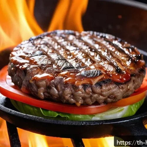 수제 햄버거 만들기 - A close-up, highly detailed image of a homemade beef burger patty being grilled on a medium-low heat...