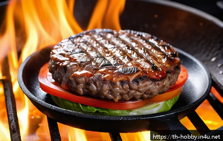 수제 햄버거 만들기 - A close-up, highly detailed image of a homemade beef burger patty being grilled on a medium-low heat...