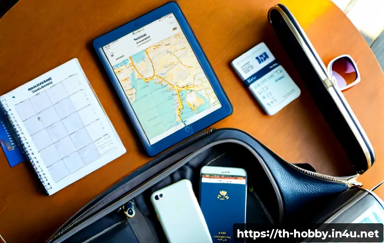 Home 13 여행 일정 관리 - Photorealistic overhead travel itinerary planning scene for a Thai traveler, neat wooden desk with a...