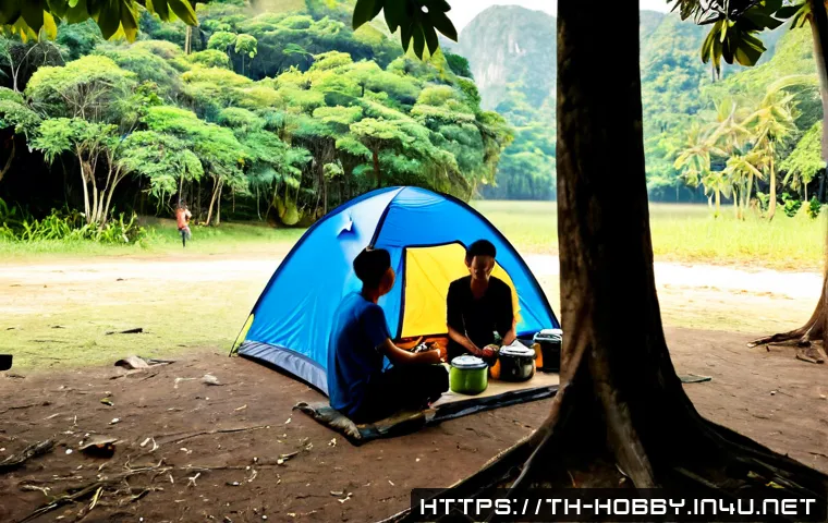 캠핑 안전 수칙 - Photorealistic camping safety scene in a Thai national park, a Thai family setting up a sturdy tent ...