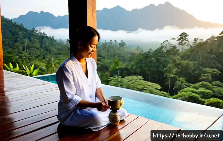 Home 15 휴식 중심의 여행 - Photorealistic peaceful wellness retreat in northern Thailand, a middle-aged Thai woman in modest li...