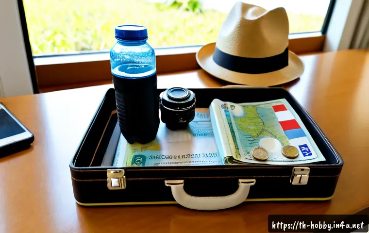 여행 팁 블로그 - Photorealistic travel planning scene for Thai travelers, an organized wooden desk beside a bright wi...