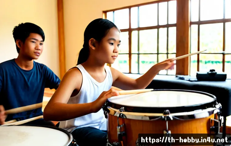 드럼 배우기 - Photorealistic Thai teenager learning drums in a bright local music studio, seated at a full acousti...
