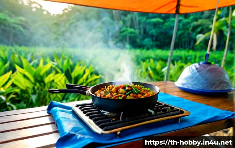 Home 17 캠핑 요리법 - Photorealistic Thai campsite cooking scene at golden hour, a compact portable gas stove on a clean f...